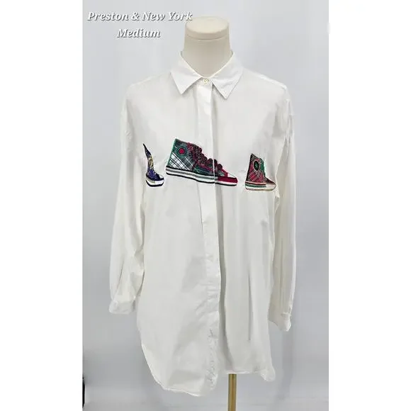 Preston & York Vintage Upcycled Embroidered Sneakers Button Down Shirt - Medium - Picture 2 of 9